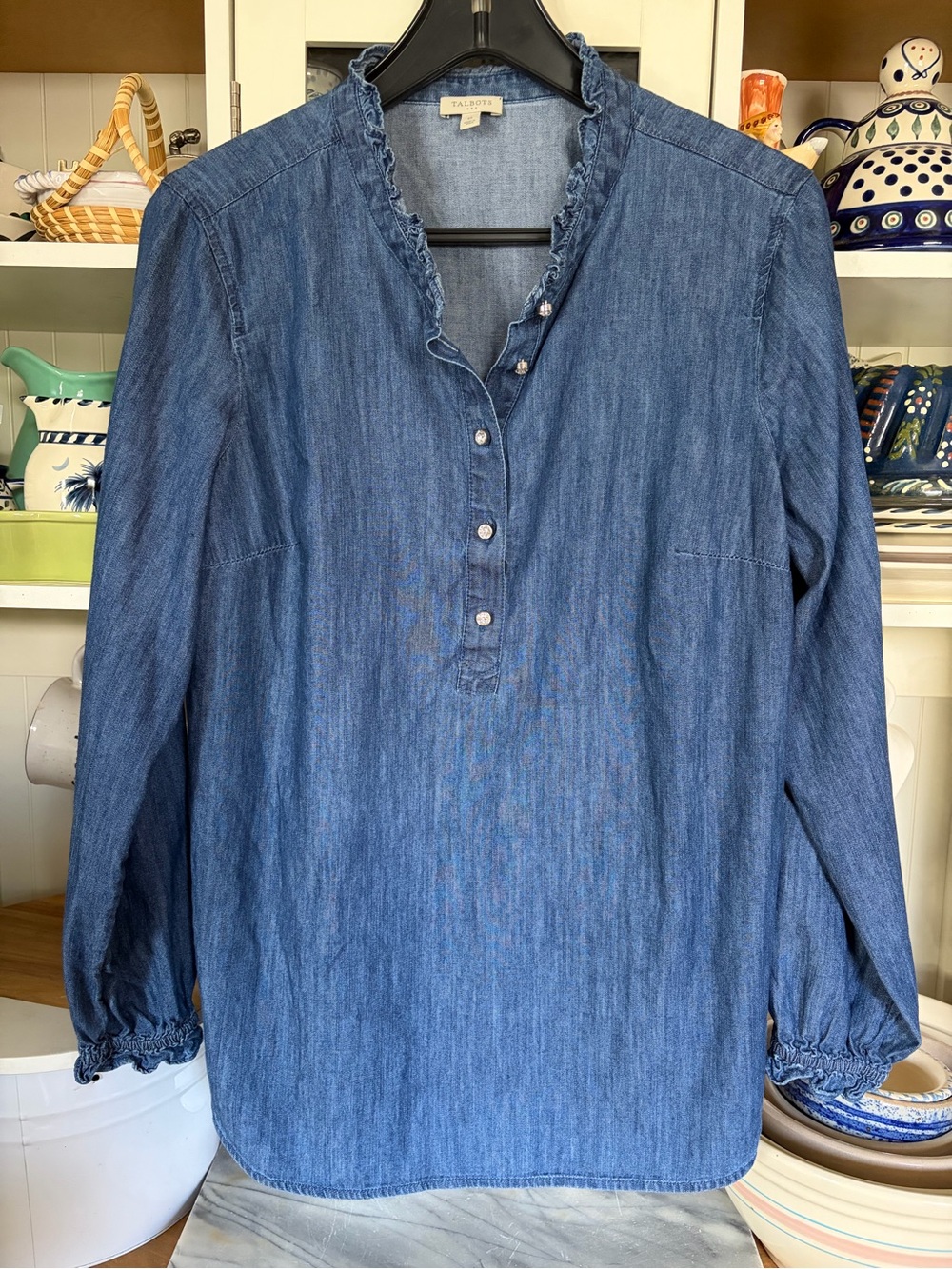 Talbots Top Sz M Denim Ruffle-Neck Popover Top